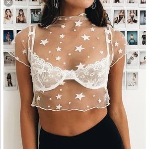 White mesh star crop top